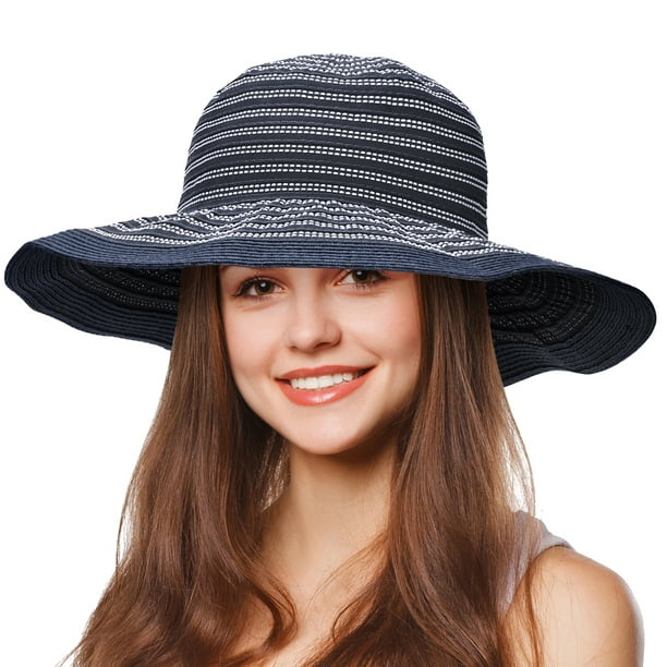 Summer Fedora Sun Hat Beach Dress Cap for Women LVOW Striped 4.9 Brim Foldable Floppy UPF 50 